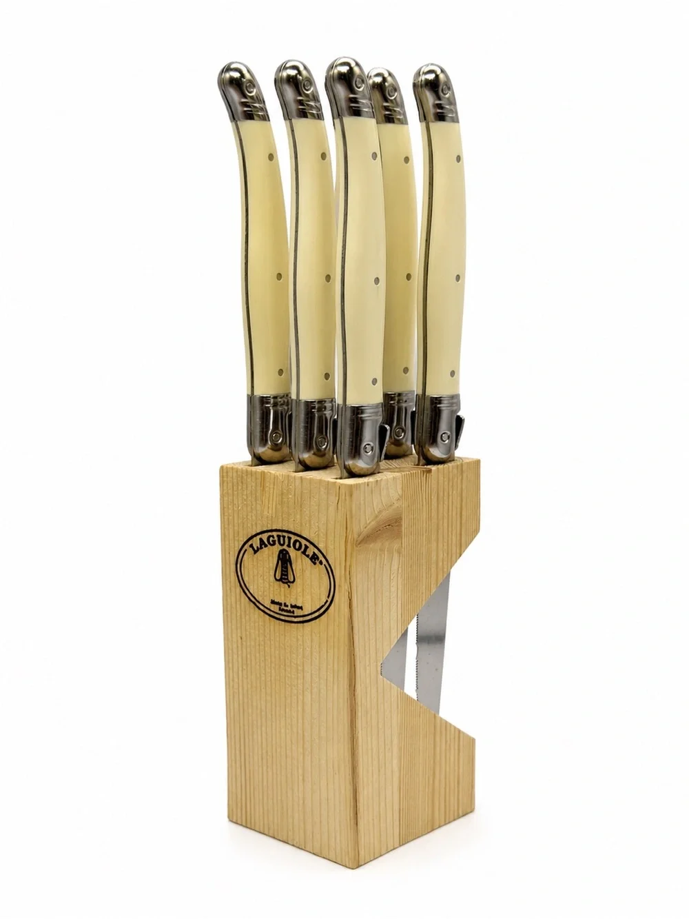 Jean Dubost Laguiole Steak Knives Set of 6 Stainless with Ivory Handles & Block